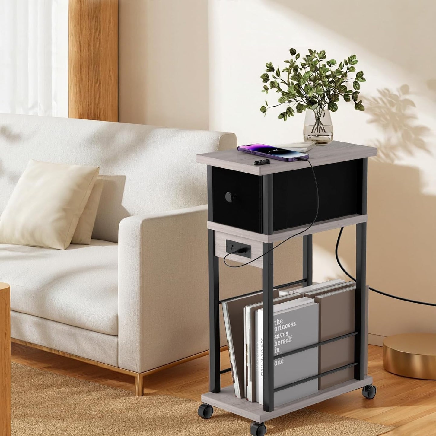 Side Table Set of 2,Side Table with Charging Station and Drawer, Narrow End Table with USB Ports and Outlets for Small Space, Living Room, Bedroom and Office, with 4 Wheels