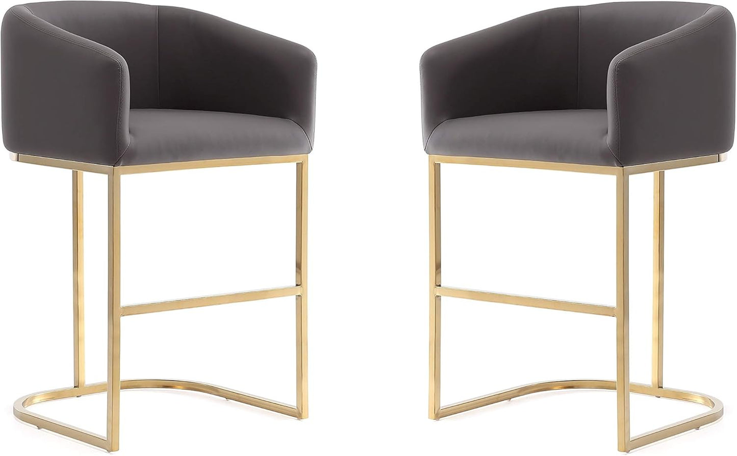 Manhattan Comfort Louvre 26 Inch Mid Century Modern Counter Height Bar Stools - Elegant Faux Leather Padded Seat, Stainless Steel Base with Footrest, Fully Assembled Barstools, Set of 2, Grey