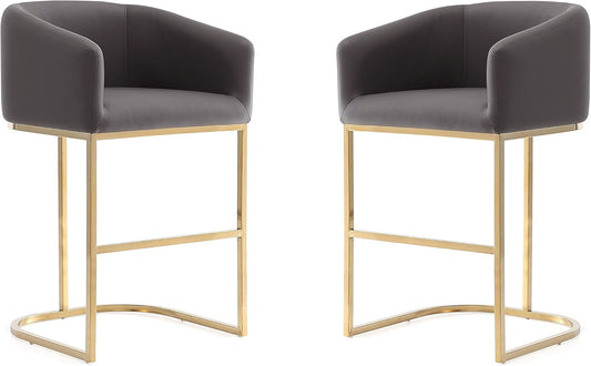 Manhattan Comfort Louvre 26 Inch Mid Century Modern Counter Height Bar Stools - Elegant Faux Leather Padded Seat, Stainless Steel Base with Footrest, Fully Assembled Barstools, Set of 2, Grey