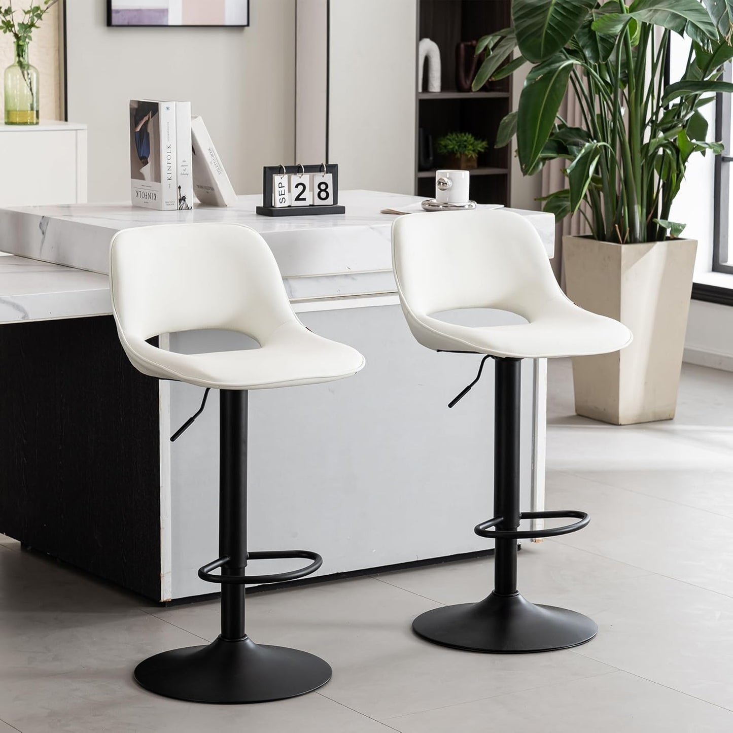 YOUNIKE Bar Stools Set of 2, Adjustable Counter Height Barstools Faux Leather Upholstered Counter Stools with Hollow Back for Kitchen Island, Warm White