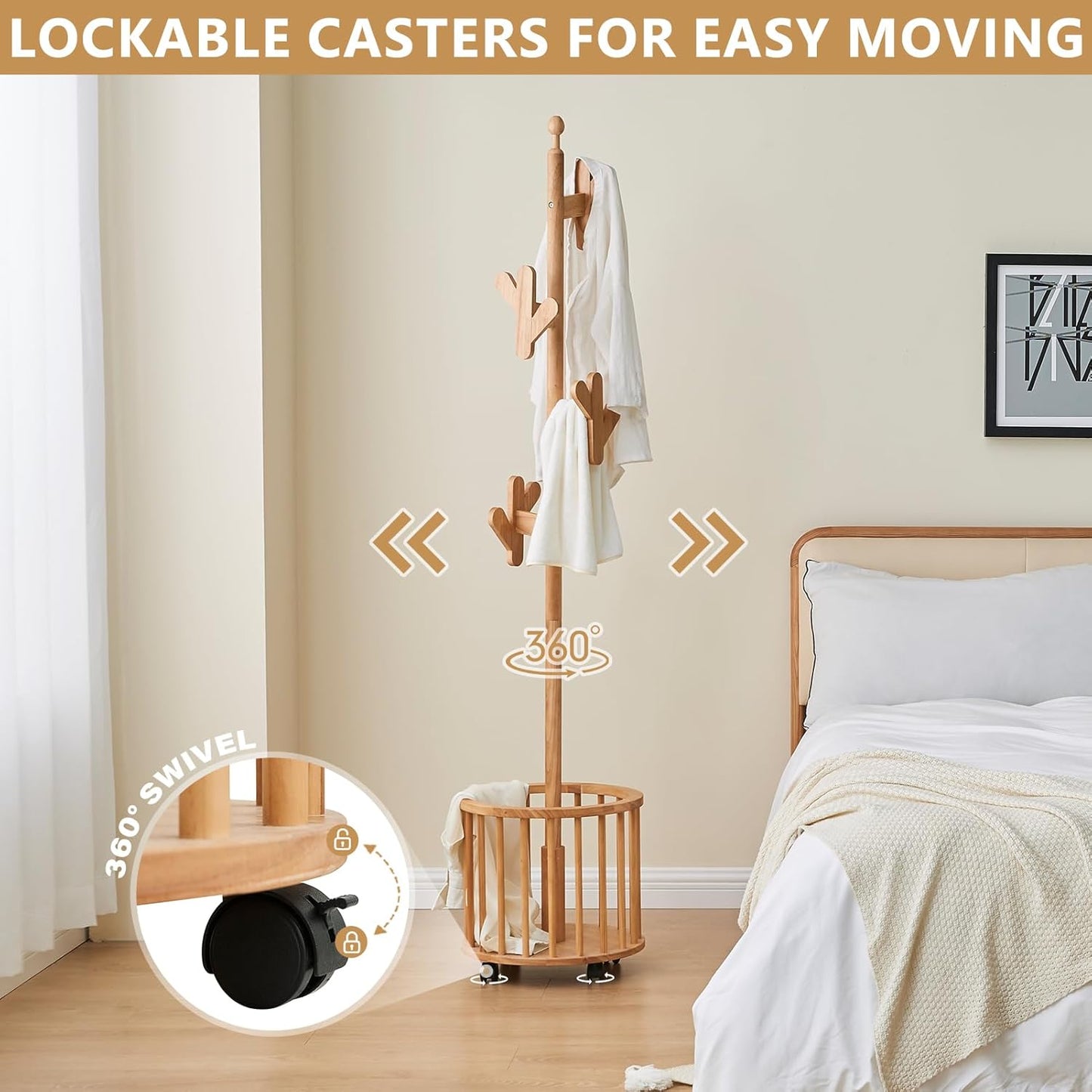 CozyDH Solid Wood Coat Rack Freestanding with Lockable 360° Rotary Casters, Coat Tree Stand with Umbrella Holder & Laundry Basket Storage & 12 Hooks, Natural
