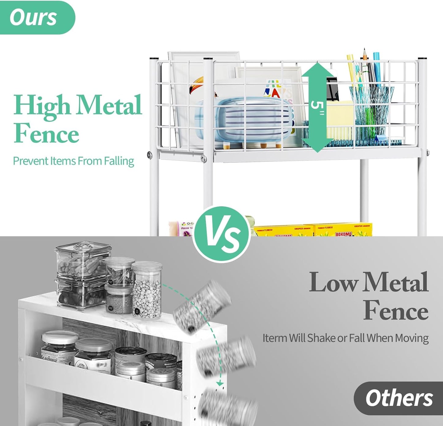 KINGRACK 3-Tier Rolling Utility Cart with Wheels, Metal Slim Storage Cart, Multifunctional Storage Organizer, Rolling Storage Cart for Kitchen, Office, Bathroom, Narrow Place, White