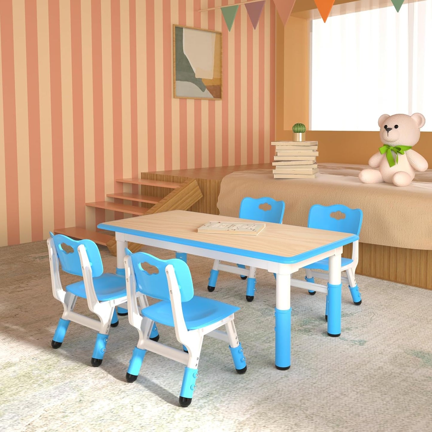 Kids Table and 4 Chairs Set，Height Adjustable Children Table & Chair，Toddlers Study Multi-Activity Table with 47.2"x23.6" Wipe-Clean Desktop，for Classrooms, Homes & Daycares