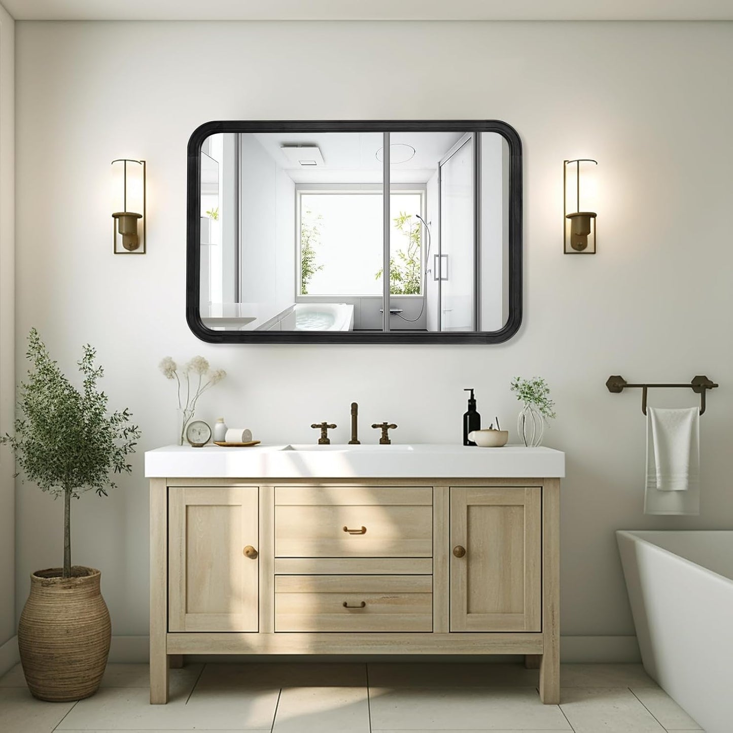 WallBeyond Wood Bathroom Mirror for Wall 24x36 Inch Wooden Frame Rectangle Mirror for Farmhouse Bathroom Vanity Wall Mounted Decorative Mirror (Horizontal/Vertical Black)