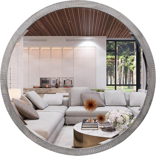 35" Round Wood Mirror, Rustic Circle Wall Mirror with Beveled, Wooden Round Mirror for Wall Decor, Decorative Wall-Mounted Mirror for Entryway, Living Room, Washed Gray Frame
