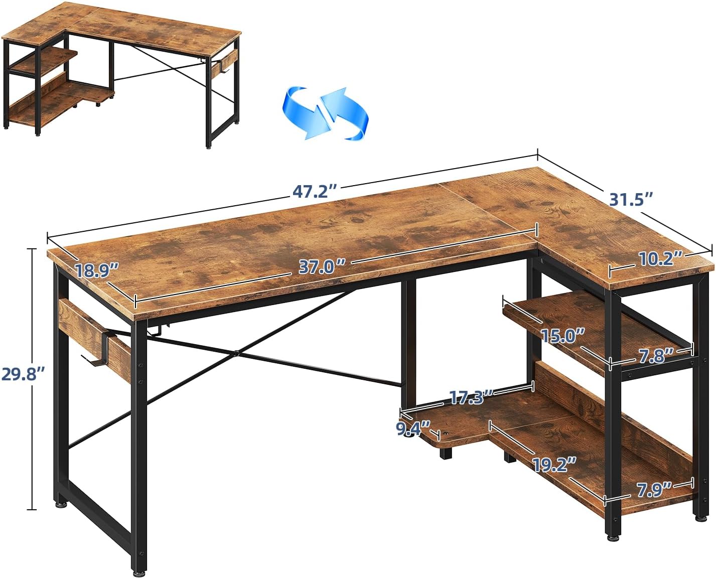 Casaottima L Shaped Computer Desk, 48 Inch Small Corner Desk with Storage Shelves & PC Stand, Reversible Gaming Desk for Bedroom, Modern Writing Study Table for Home Office, Vintage