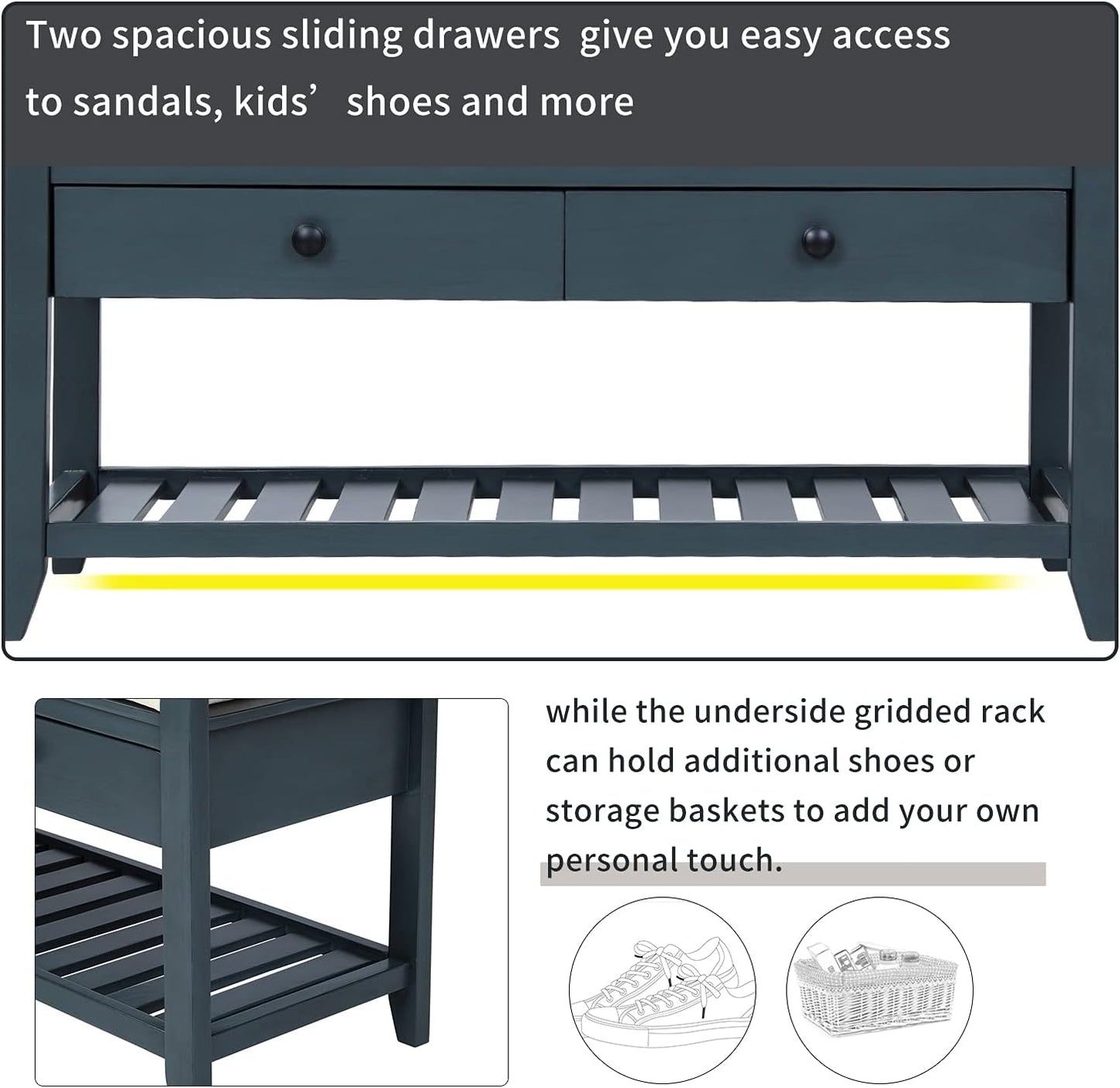 39″ Storage Bench with Cushioned Seat and Drawers,Multipurpose Wooden Entryway Ottoman,Hidden Compartment Organizing Shoe Rack,for Bedroom Hallway Porch,Antique Navy