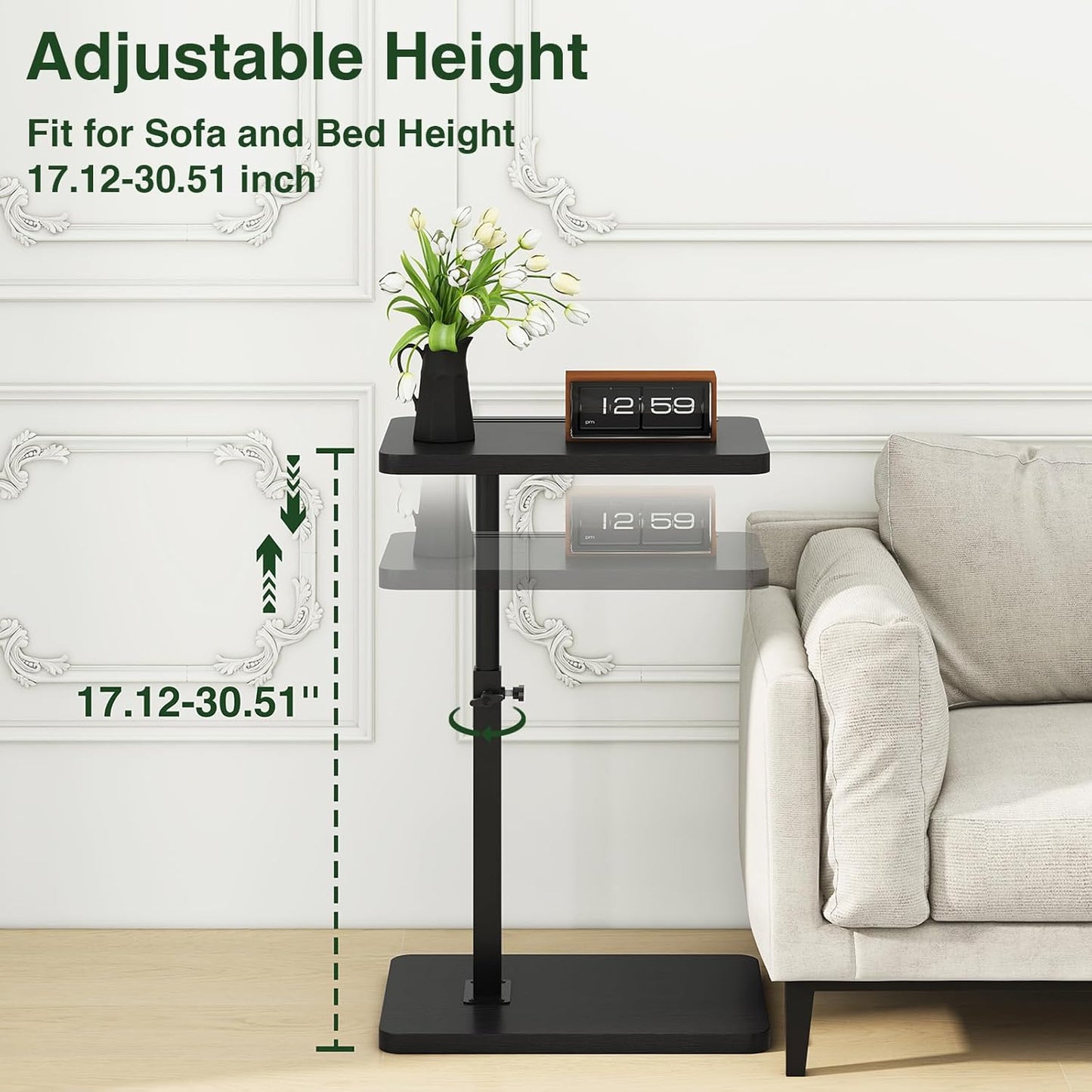 IBUYKE Tray Table for Couch, 360° Swivel Height Adjustable End Table for Small Spaces, with Phone & Tablet Slot, Modern Small Coffee Snack Table for Sofa/Bed, Black UTVT003B