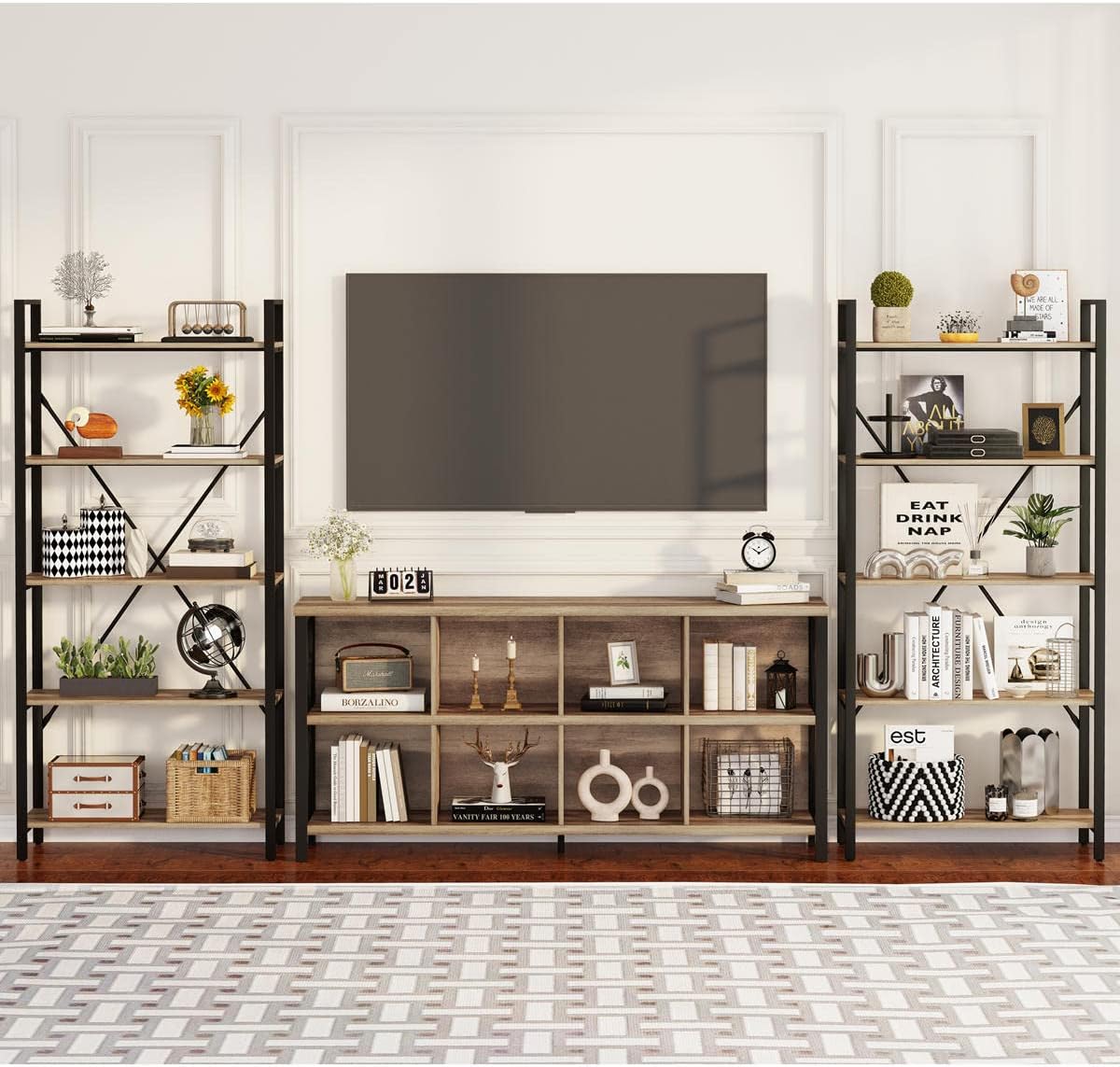 FATORRI 8 Cube Storage Organizer Bookshelf, Rustic Wood Cubby Bookcase, Industrial Horizontal Long Shelf for Living Room (Rustic Oak, 62 Inch)