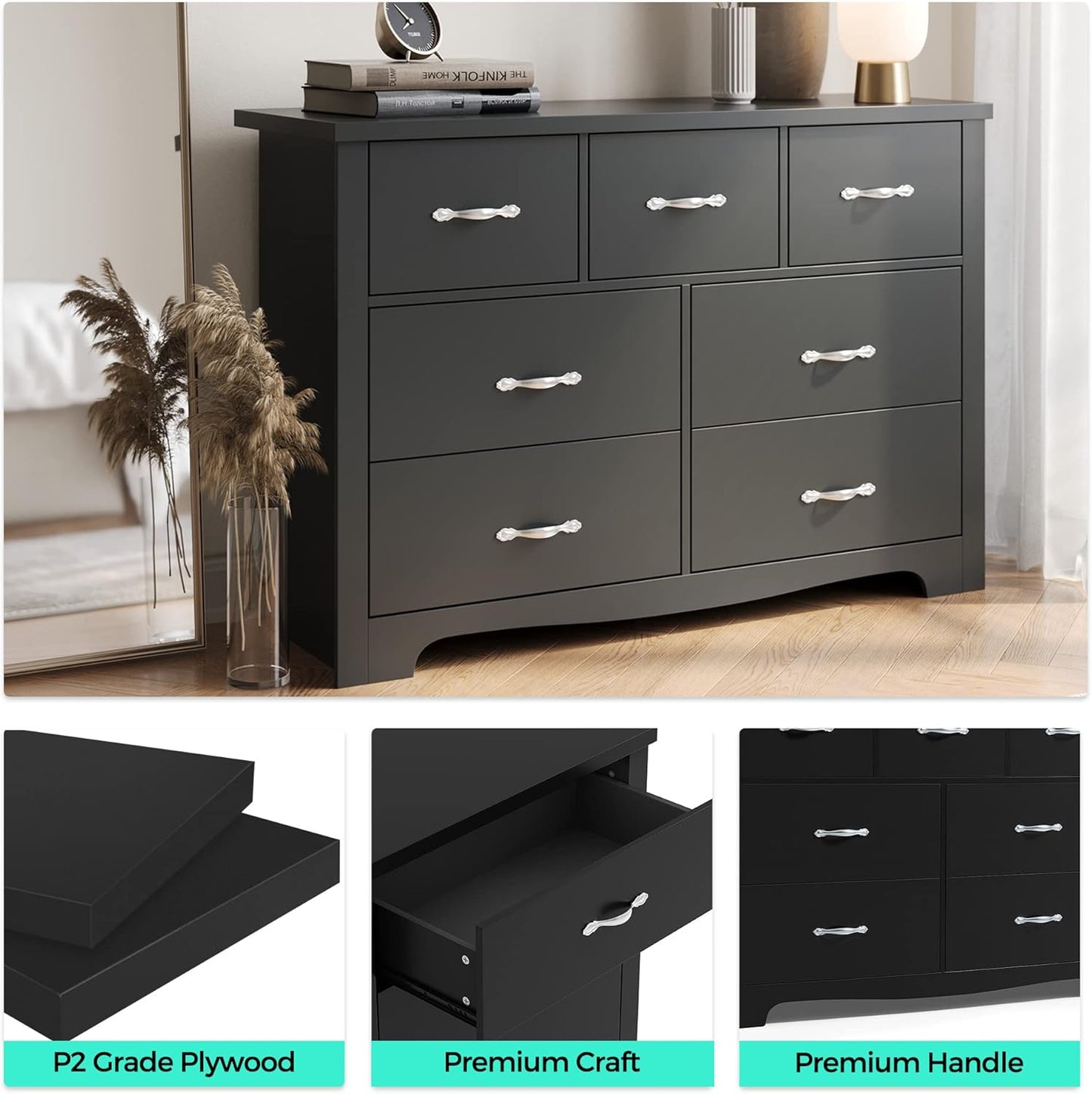 LINSY HOME 7 Drawers Dresser for Bedroom, Wood Bedroom Dresser Modern Drawer Chest, 7 Chest of Drawer, Tall Dresser for Closet, Dressers Organizer for Living Room, Closet, Hallway