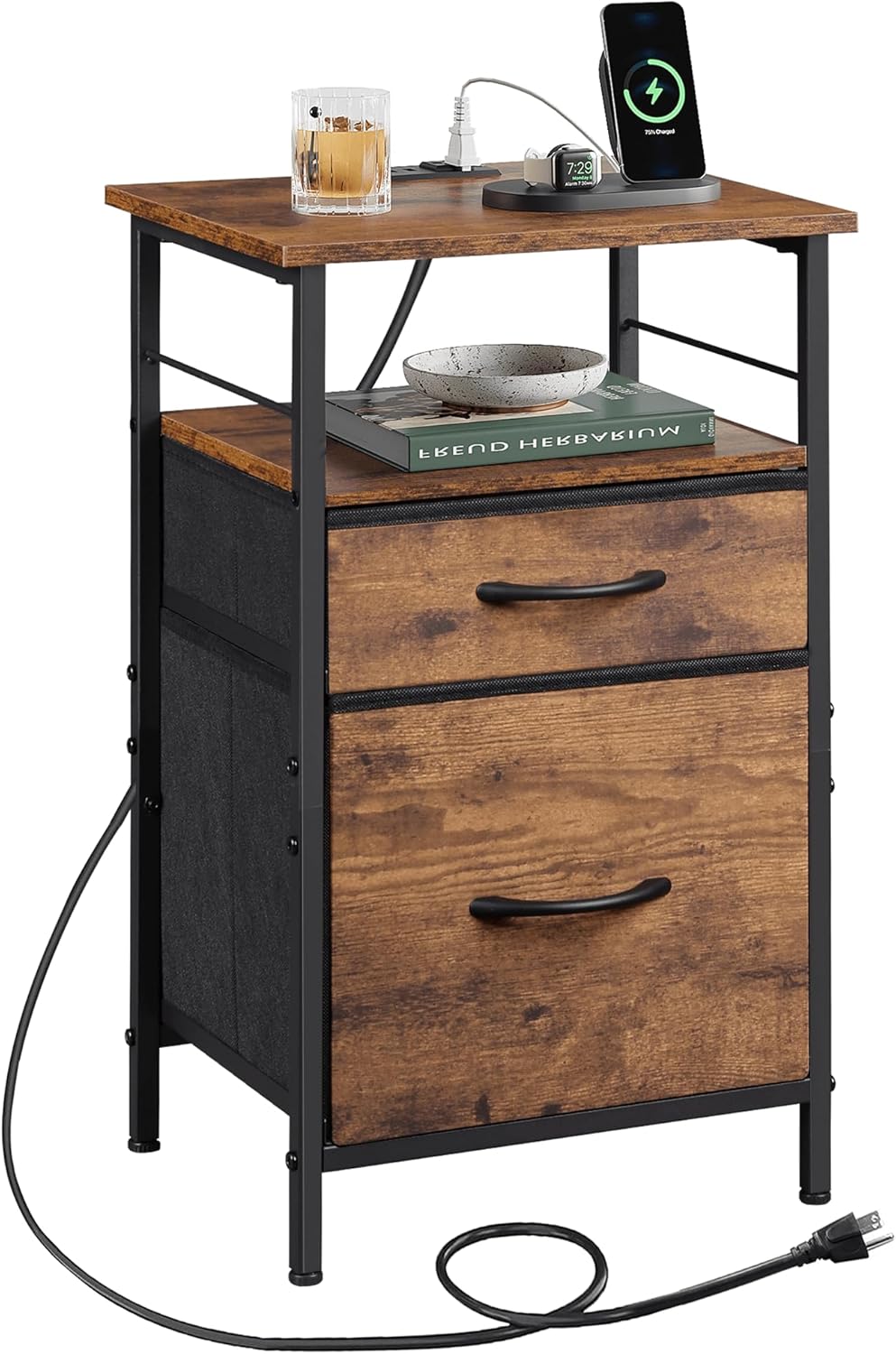 WLIVE Nightstand with Charging Station, End Table with 2 Fabric Drawers for Storage, Small Bedroom Dresser, Bed Side Table, 2 USB Ports and 2 Outlets, Easy Assembly, Rustic Brown