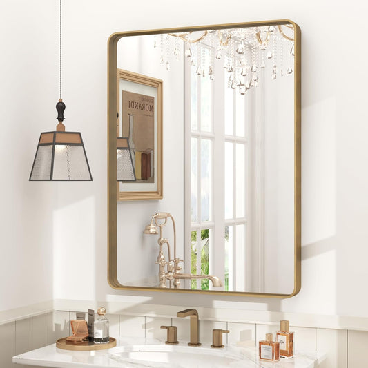 24x32 Gold Bathroom Mirror, Rounded Rectangle Gold Frame Mirror, Brushed Gold Brass Bathroom Vanity Mirror Wall-Mounted, Anti-Rust, Hangs Horizontally or Vertically