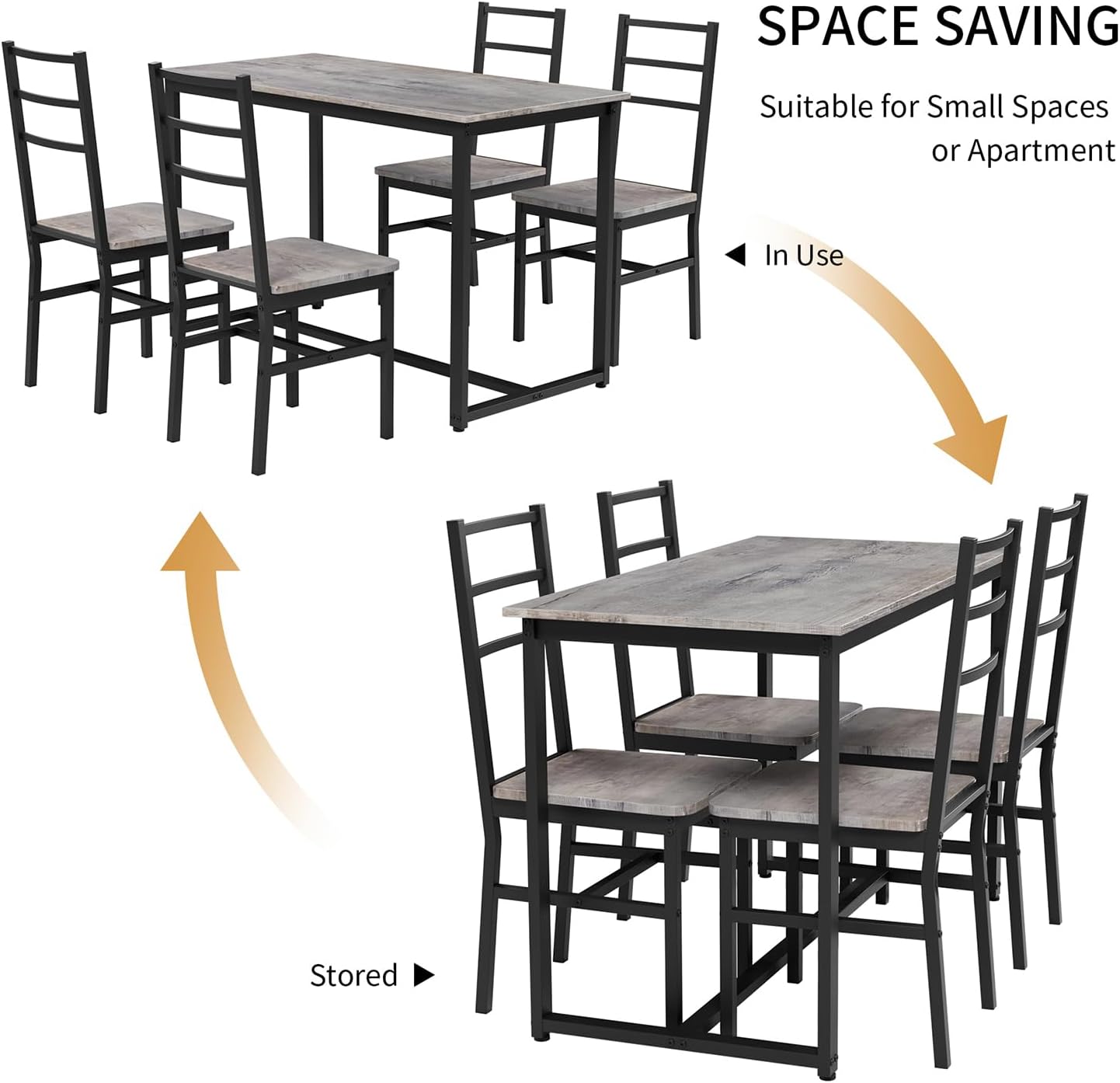 5-Piece Dining Table Set with 4 Chairs, 47.2" Kitchen Table Chairs Set of 4, Rectangular Industrial Style Dining Room Table Set with Backrest, Perfect for Small Space, White Oak