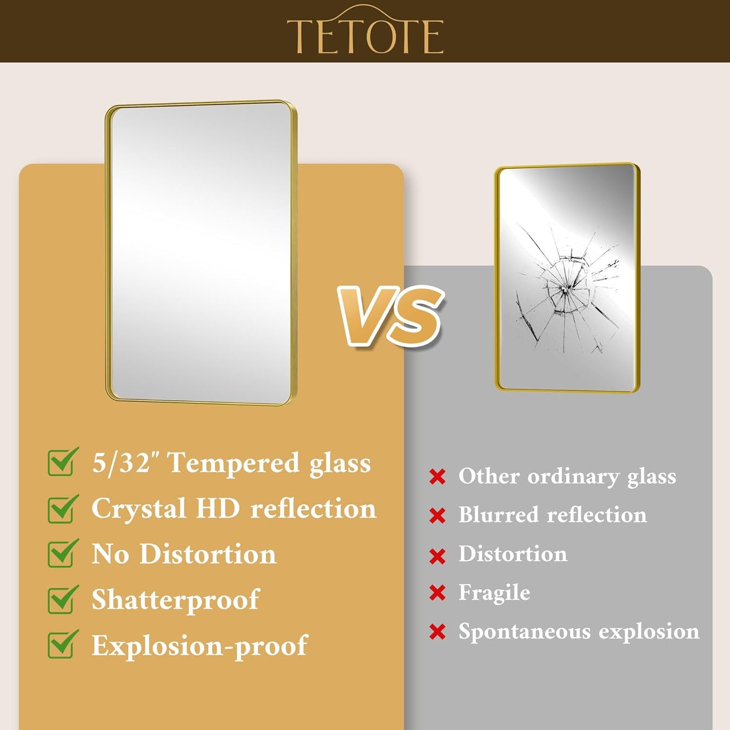 TETOTE 22 x 30 Gold Bathroom Mirror Brushed Gold Metal Framed Vanity Mirror, Tempered Glass, Wall Mounted for Bathroom, Entryway, Bedroom, Living Room(Horizontal/Vertical)