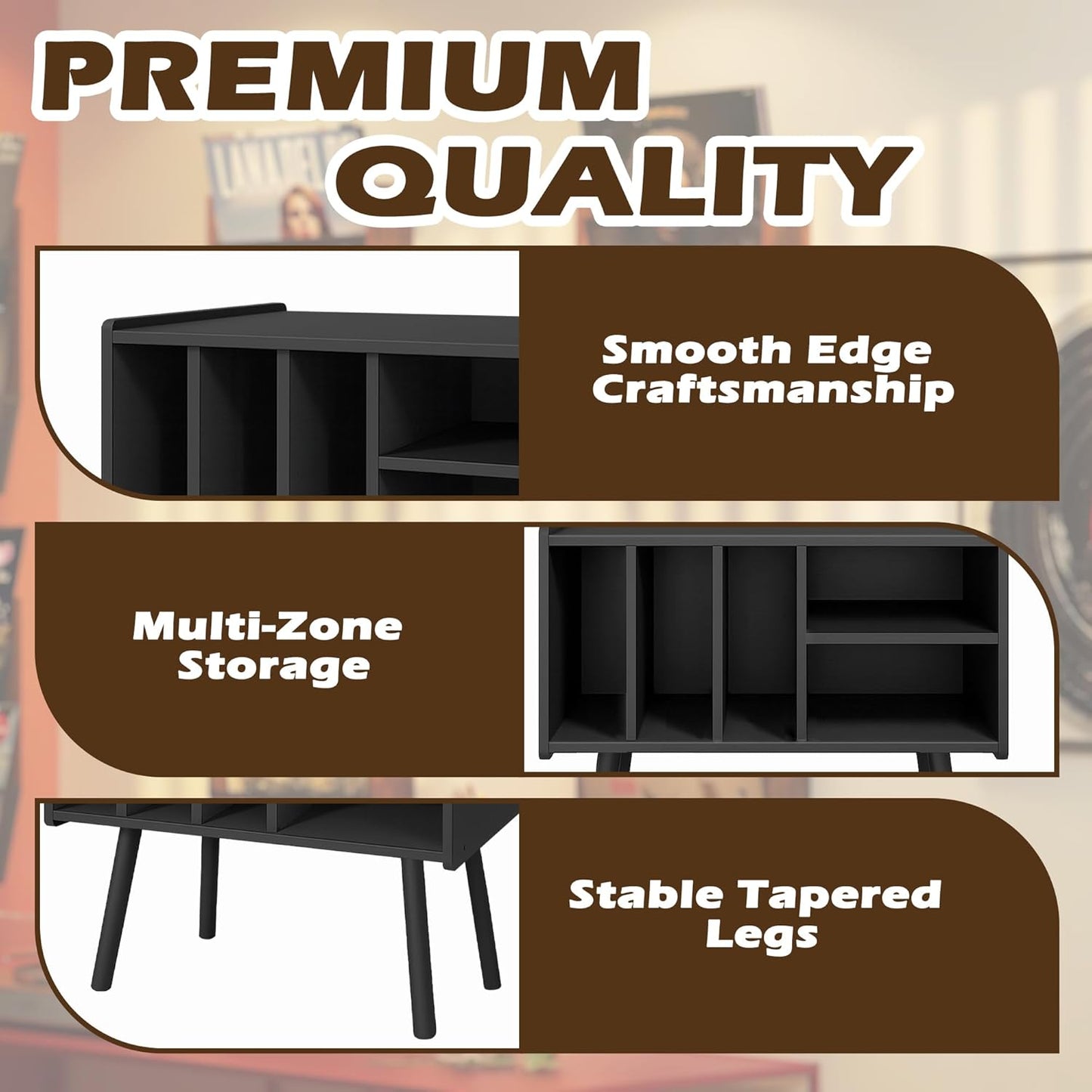 Record Player Stand with Vinyl Storage, Wooden Record Player Table with 5 Cabinet, Large Vinyl Record Player Stand, Record Player Holder, Record Player Shelf for Office Living Room, Black