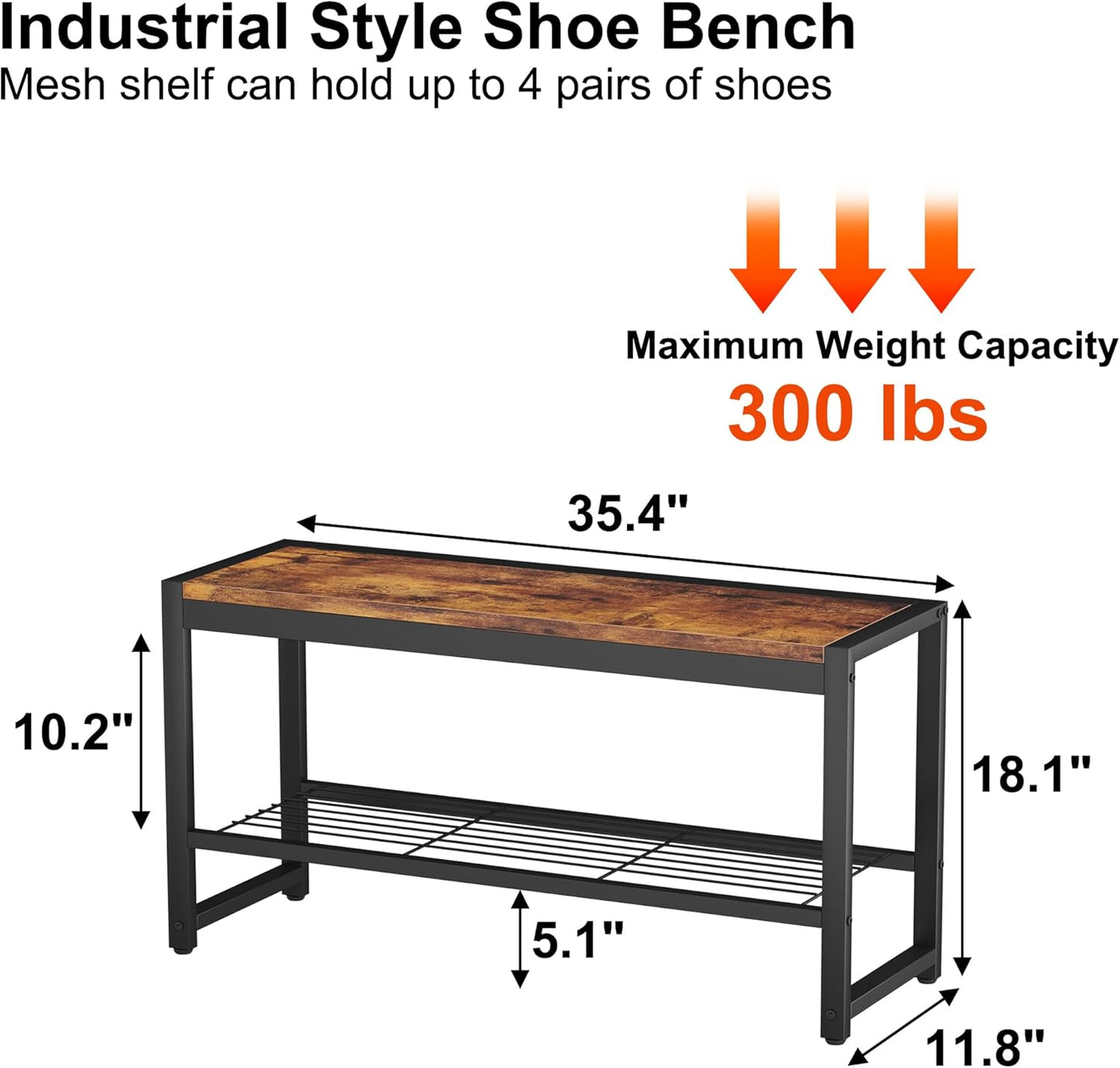 HOMEFORT Shoe Bench, Modern Industrial Shoe Storage Bench, Entryway Bench with Mesh Shelf and Sturdy Metal Frame, Metal Shoe Rack with Durable MDF Top for Hallway, Mudroom, Living Room, Rustic Brown