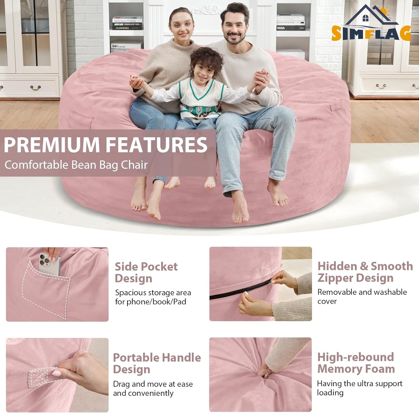 6FT Bean Bag Chair, Large Bean Bag Chairs with Memory Foam Filled, Fluffy Beanbag Sofa with Dutch Velvet Cover, Round BeanBag Chairs for Living Room, Playroom- Light Pink