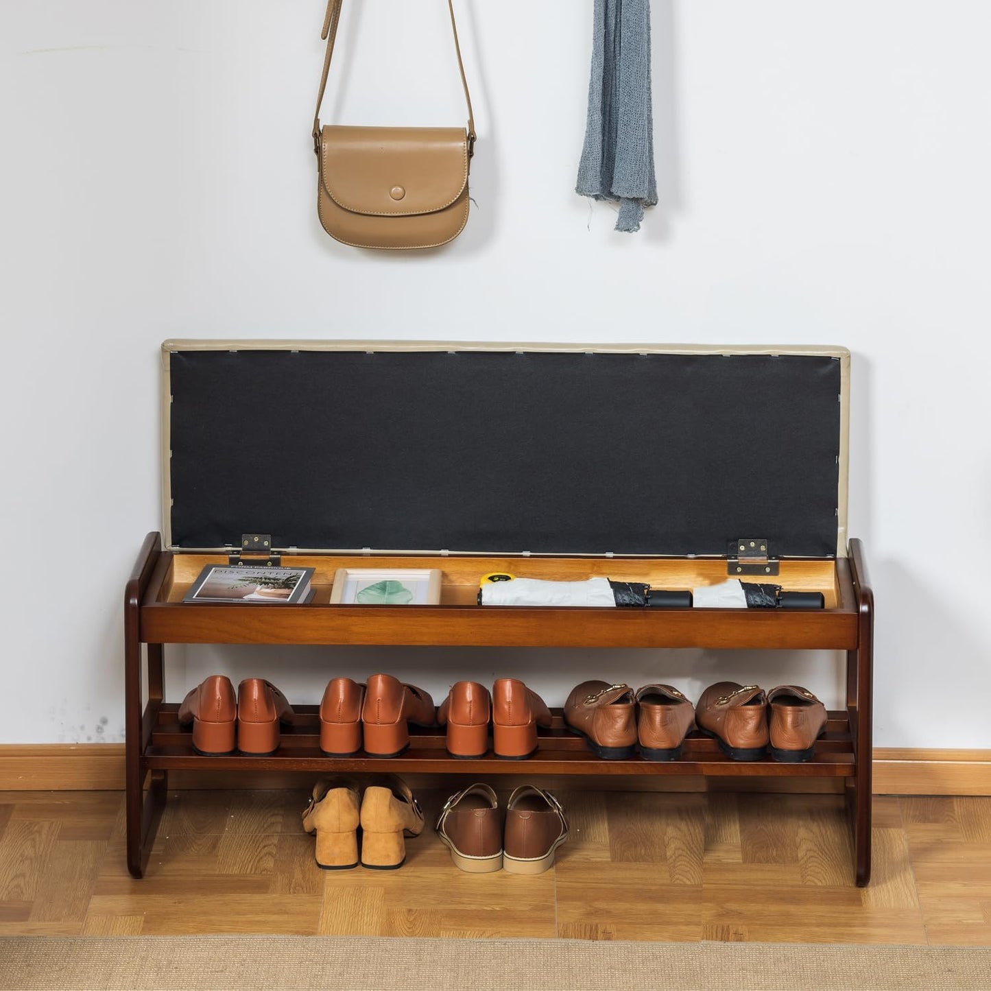 Solid Wood Shoe Bench, 2-Tier Entryway Bench with Cushion and Flip-Open Storage Box, Mid-Century Modern Shoe Bench Rack for Hallway, Mudroom(Gray, 39.4'')