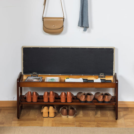 Solid Wood Shoe Bench, 2-Tier Entryway Bench with Cushion and Flip-Open Storage Box, Mid-Century Modern Shoe Bench Rack for Hallway, Mudroom(Gray, 39.4'')