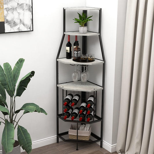 5-Tier Corner Wine Rack Floorstanding with Glass Holder and Bottles Wine Storage Home Bar Furniture for Home Kitchen Dining Room Industrial Metal and Wooden Corner Shelf
