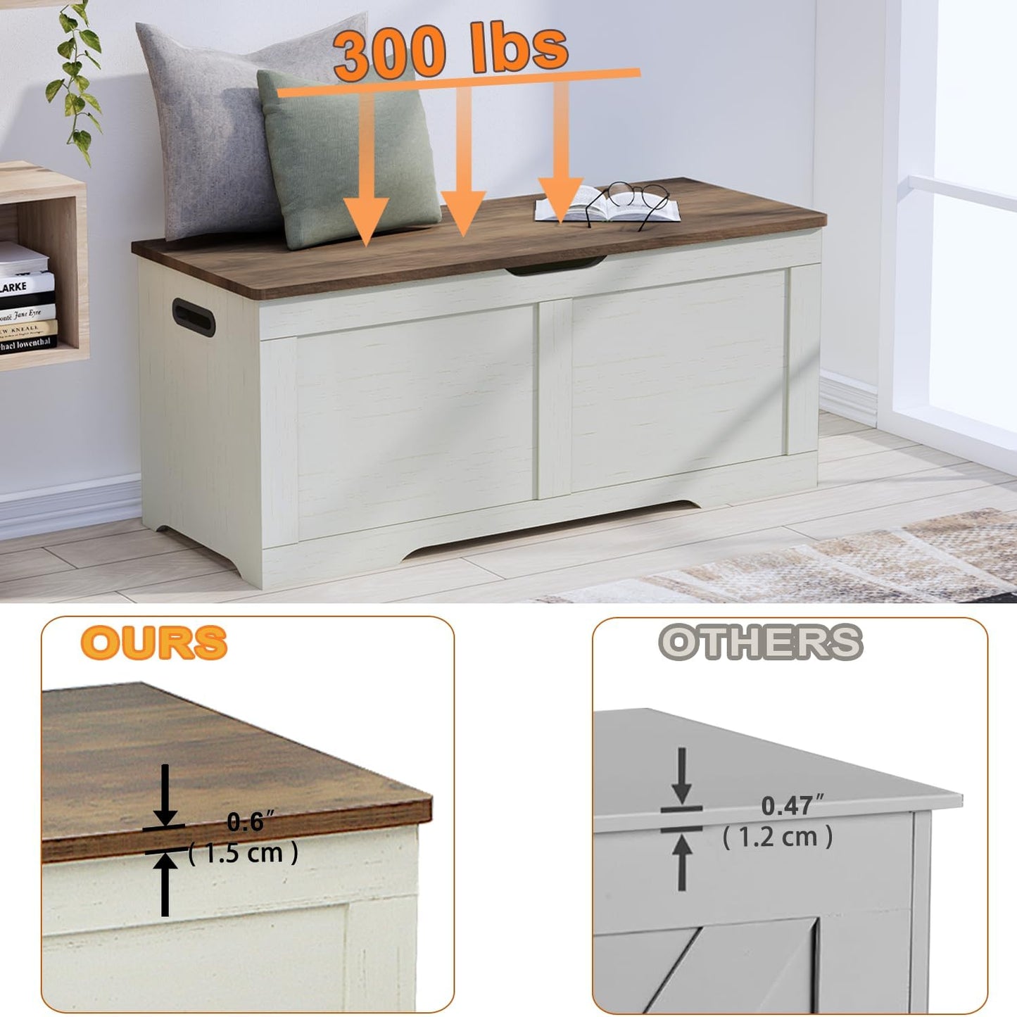 39.4" Storage Chest, Wooden Storage Bench, Lift Top Toy Chest with 2 Safety Hinges, Large Toy Box, Entryway Bench for Living Room, Bedroom, Brown and Rustic White