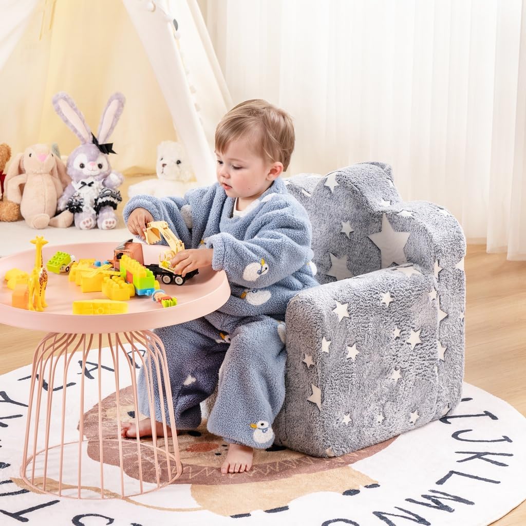 Tiita Kids Couch Plush Toddler Chair, Cloud-Like Glow in The Dark Kids Sofa Toddler Reading Chair with Washable Cover Carrying Handle, Convertible Children Sofa Chair for Girls and Boys