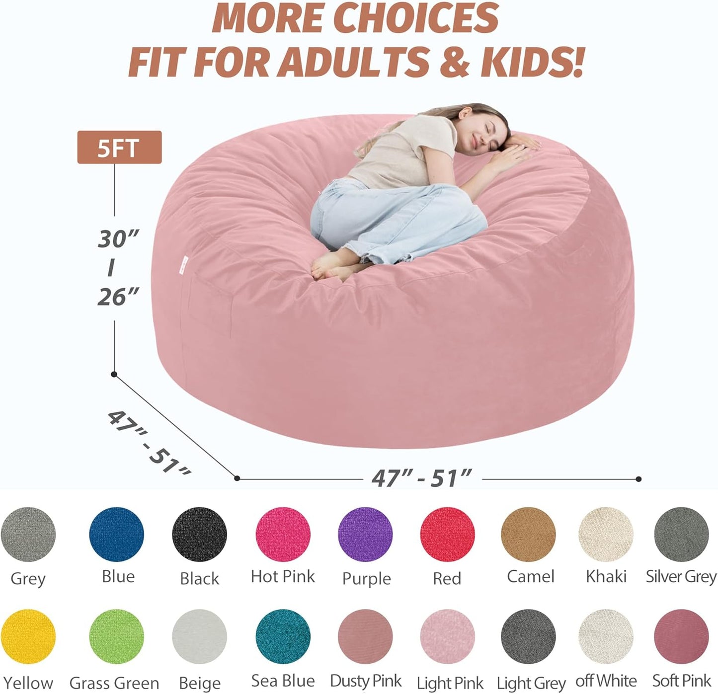 5FT Bean Bag Chair with Ultra Soft Velvet Cover Bean Bag Sofa with Memory Foam Bean Bag Chairs with Large Size Lazy Sofa for Dorm Office Living Room Bedroom Light Pink 5'