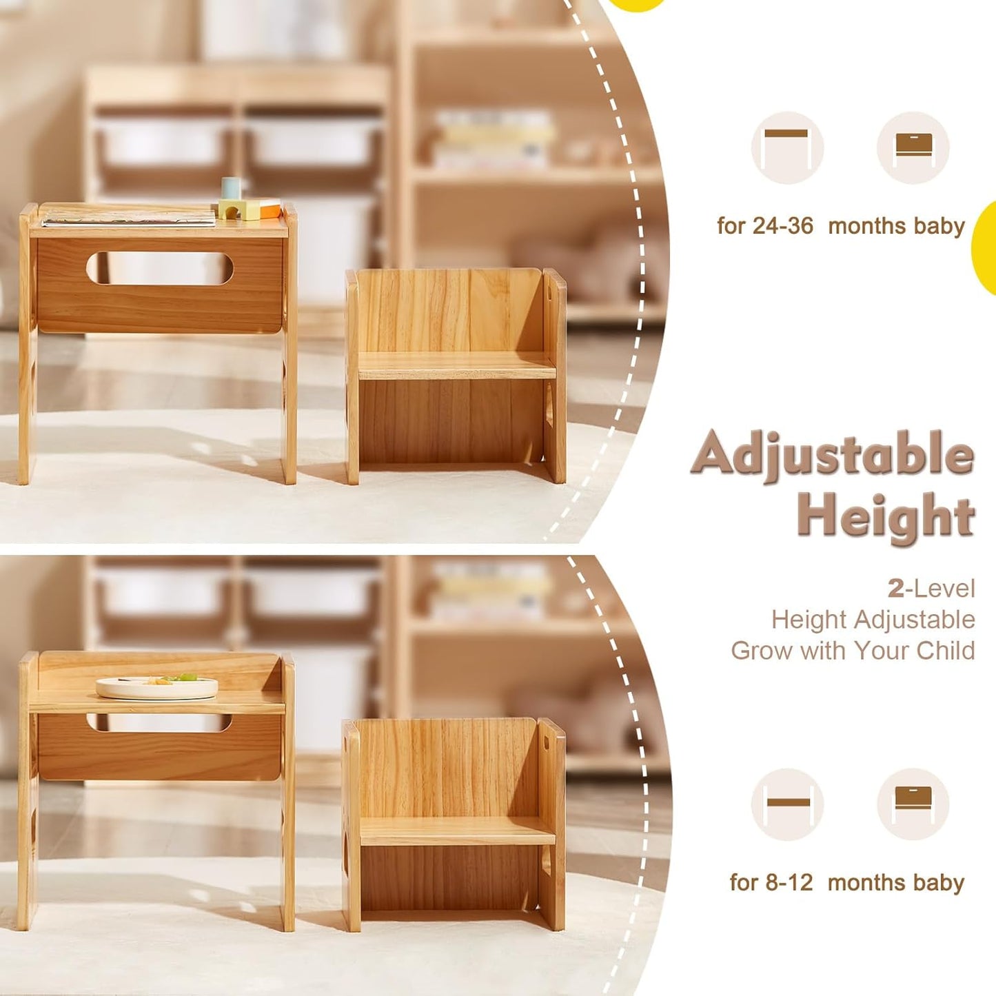 FUNLIO Height Adjustable Montessori Table and Chair Set for Age 1-3, Solid Wood Toddler Table and Chair Set, Weaning Baby Table Chair Set for Reading/Eating/Playing, Easy to Assemble - Natural