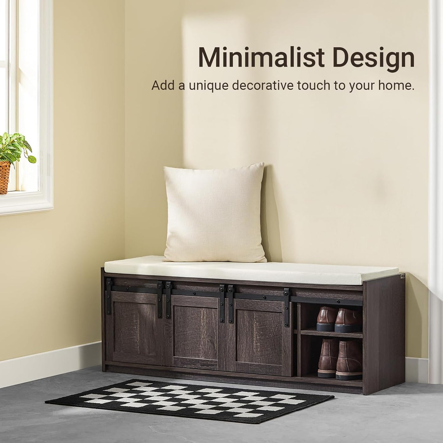 Haotian Industrial Style Shoe Storage Bench, Entryway Hallway Shoe Cabinet, Sliding Barn Doors, Drawer & Padded Seat Cushion, Rustic Window Bench for Mudroom (Brown)