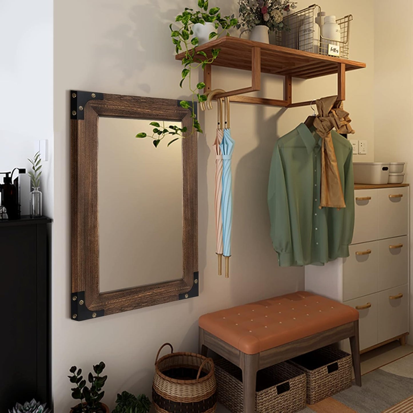 blue page Mirror for Wall, Rustic Wood Mirror with Wood Frame, Rectangular Decorative Wall Mounted Mirror for Farmhouse Bathroom Bedroom & Living Room (24 x 36 Inches, Iron)