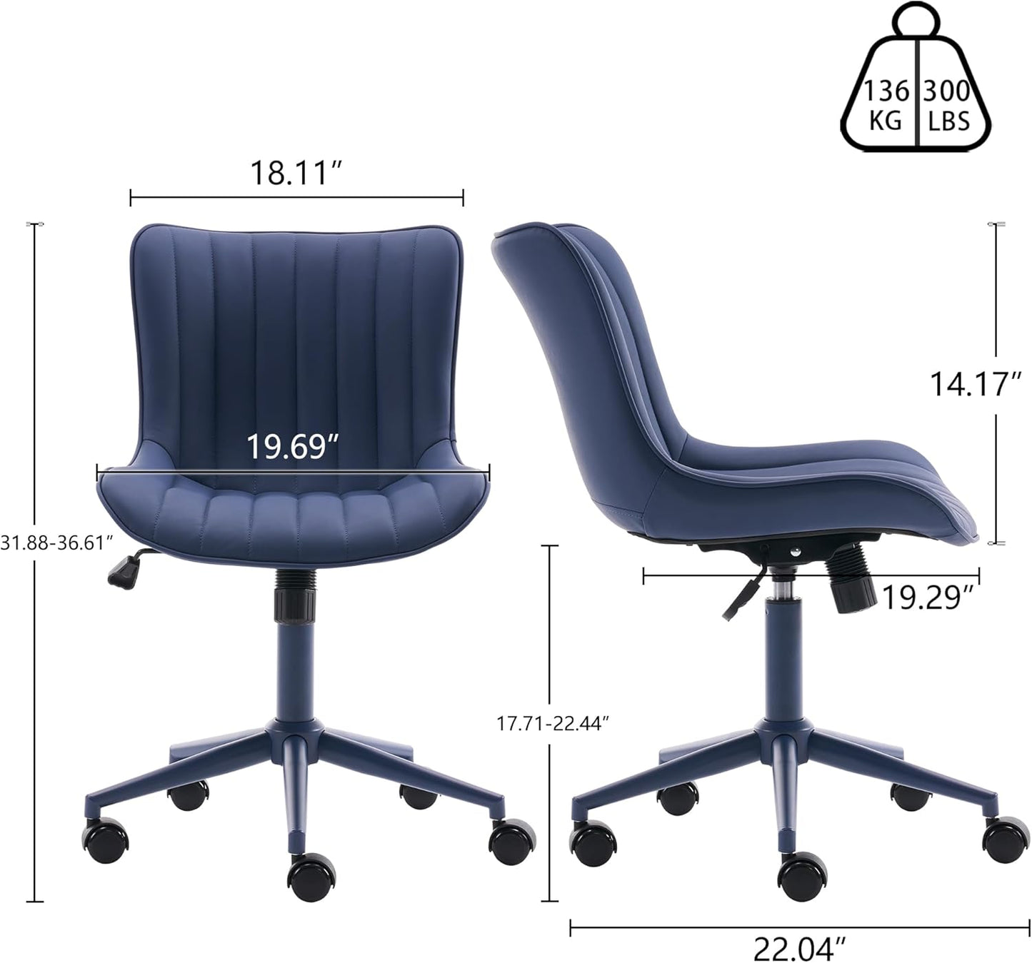 YOUNIKE Armless Home Office Desk Chair with Wheels Compact Comfy Vanity Chair with Adjustable Back Modern Small Leather Upholstered Rolling Swivel Cute Copmuter Task Chair No Arms Ergonomic Navy Blue