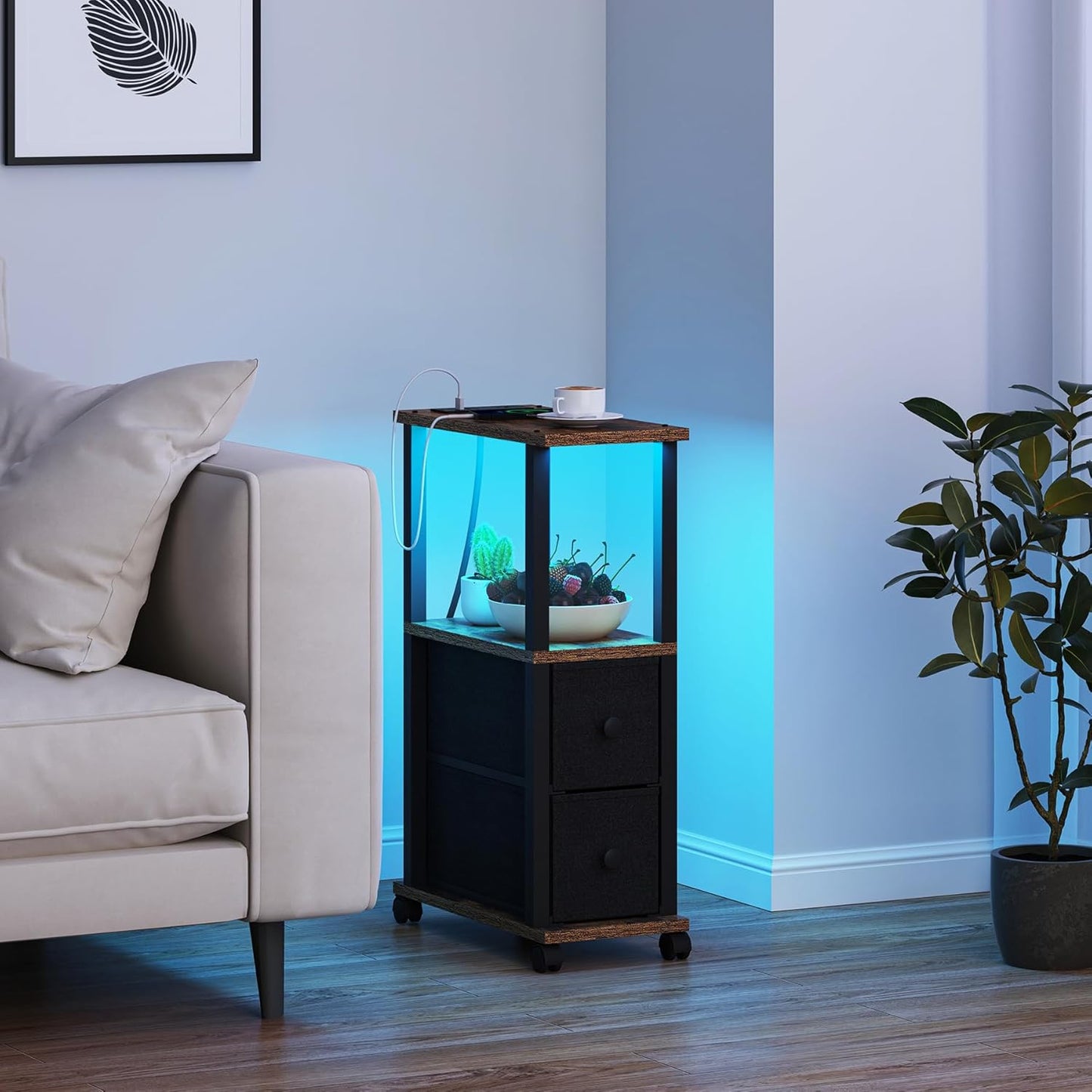 TUTOTAK Small Narrow End Tables, LED Side Tables with 2 Fabric Drawers, Set of 2, Bedside Tables with Charging Station for Small Spaces, Slim Nightstands with USB Ports and Wheels, TB01BB053L