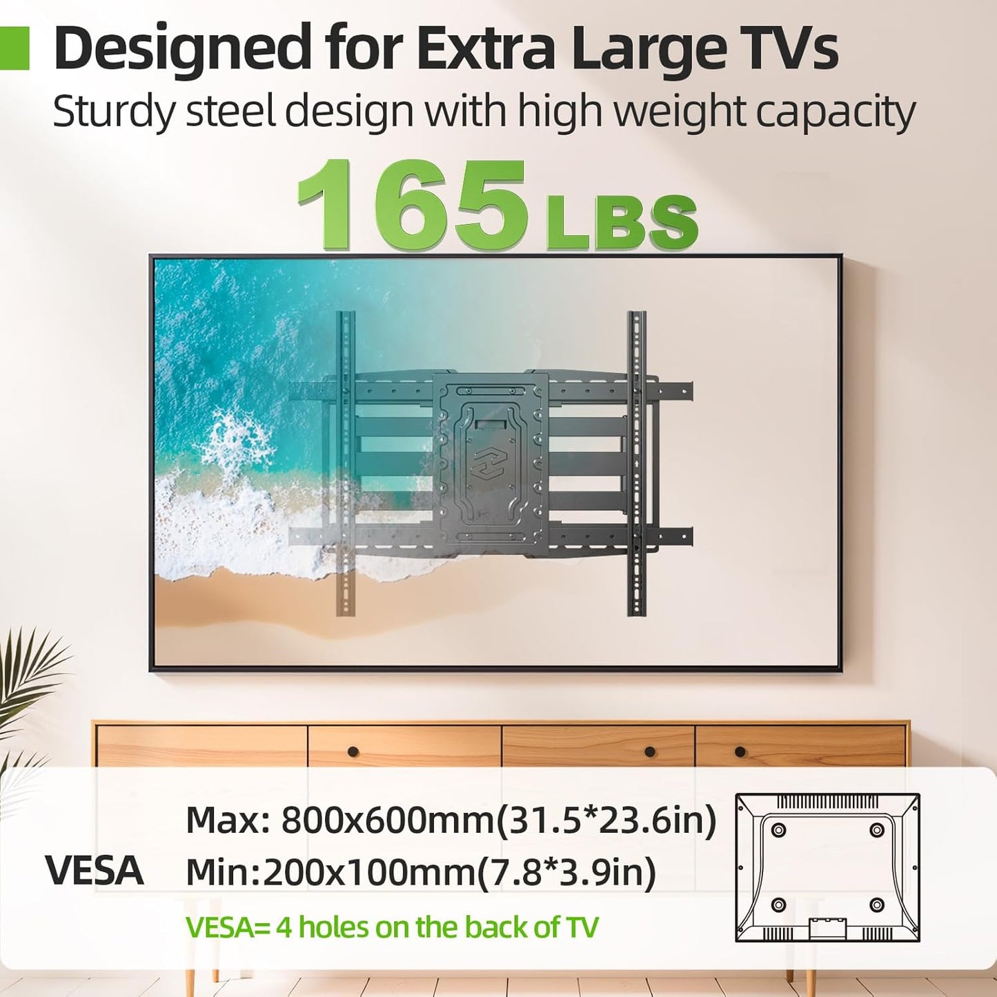 USX MOUNT Heavy Duty TV Wall Mount for 32-105" TVs up to 165lbs with 8" Sliding Design,Ultra-Large Mount for up to 24" Studs with Swivel,Tilt&Leveling,Pre-Assembled Monitor Bracket Max VESA 800x600mm