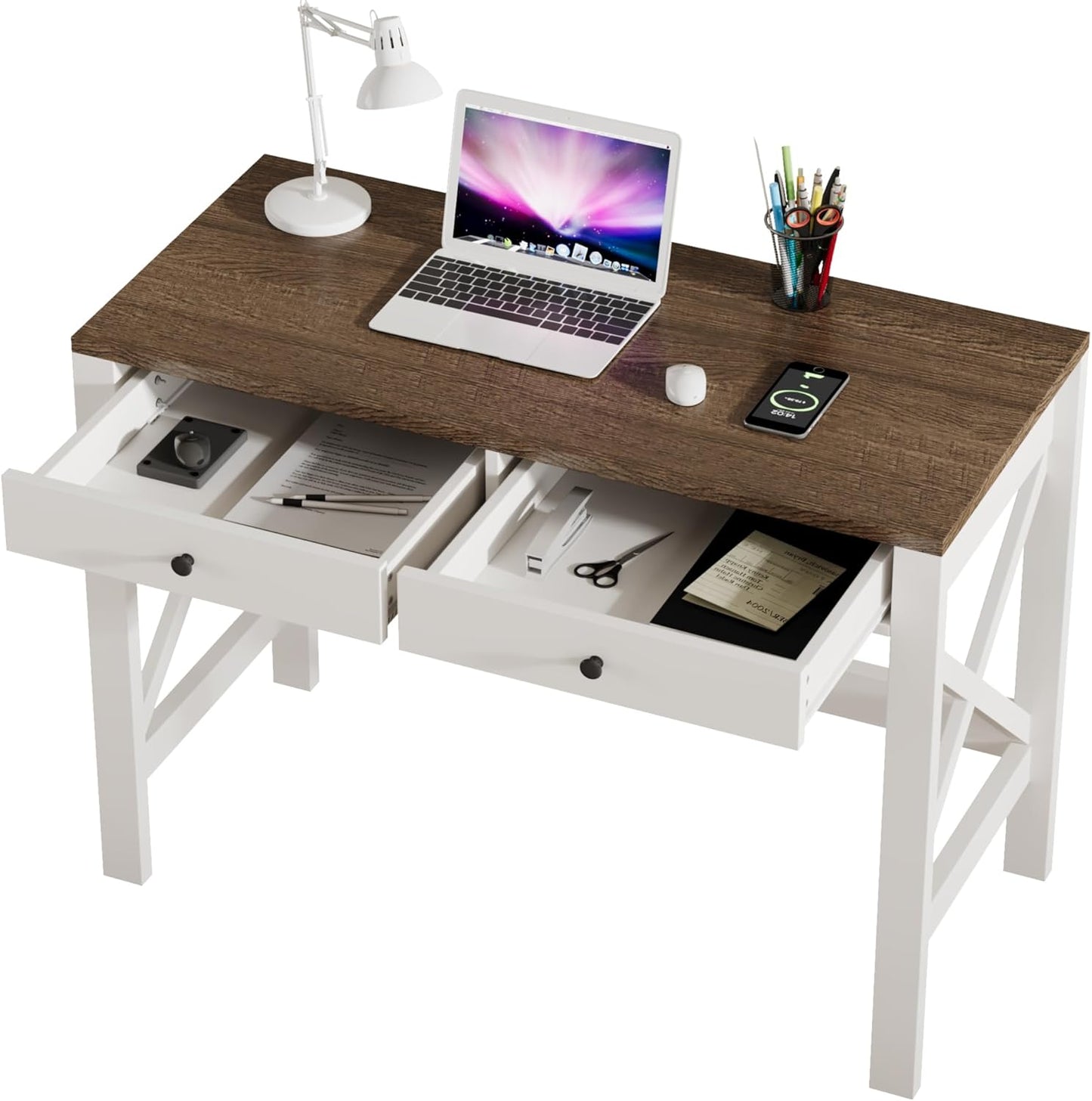 ChooChoo Farmhouse Desk 39" Computer Desk with Drawers, Small Study Writing Table with Stable X Frame for Home Office