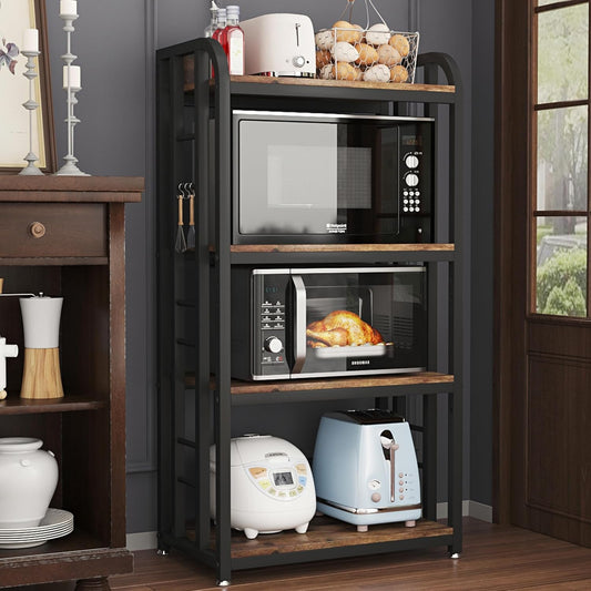 Microwave Oven Stand with Storage 4 Tiers, Free Standing Microwave Oven Stand Coffee Bar Adjustable Kitchen Shelves Kitchen Storage Shelf Rack Bakers Racks for Kitchens(Brown)