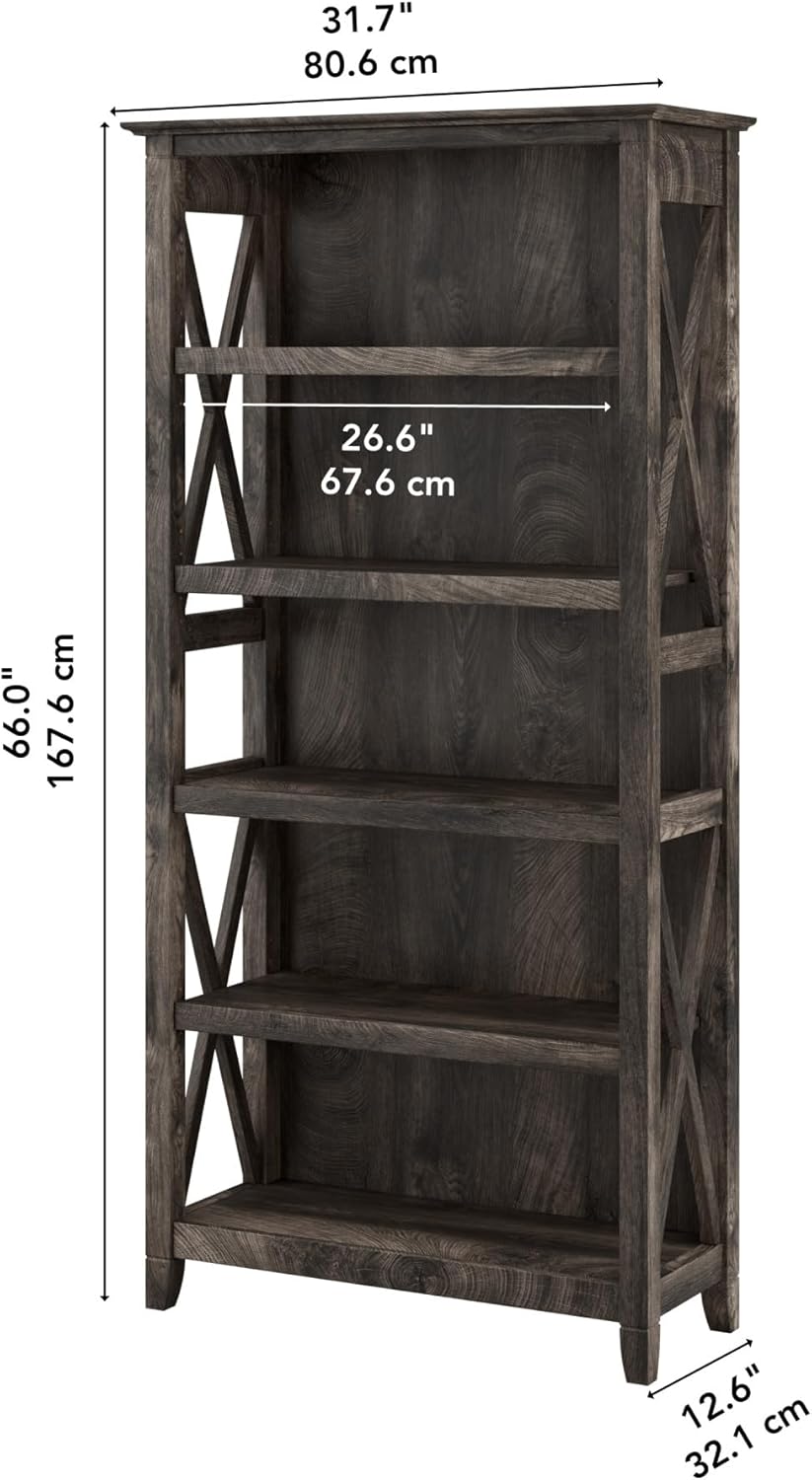 Bush Furniture Tall 5 Shelf Bookcase for Living Room or Home Office, Large Bookshelf, Modern Farmhouse Style, Key West Collection, Dark Gray Hickory