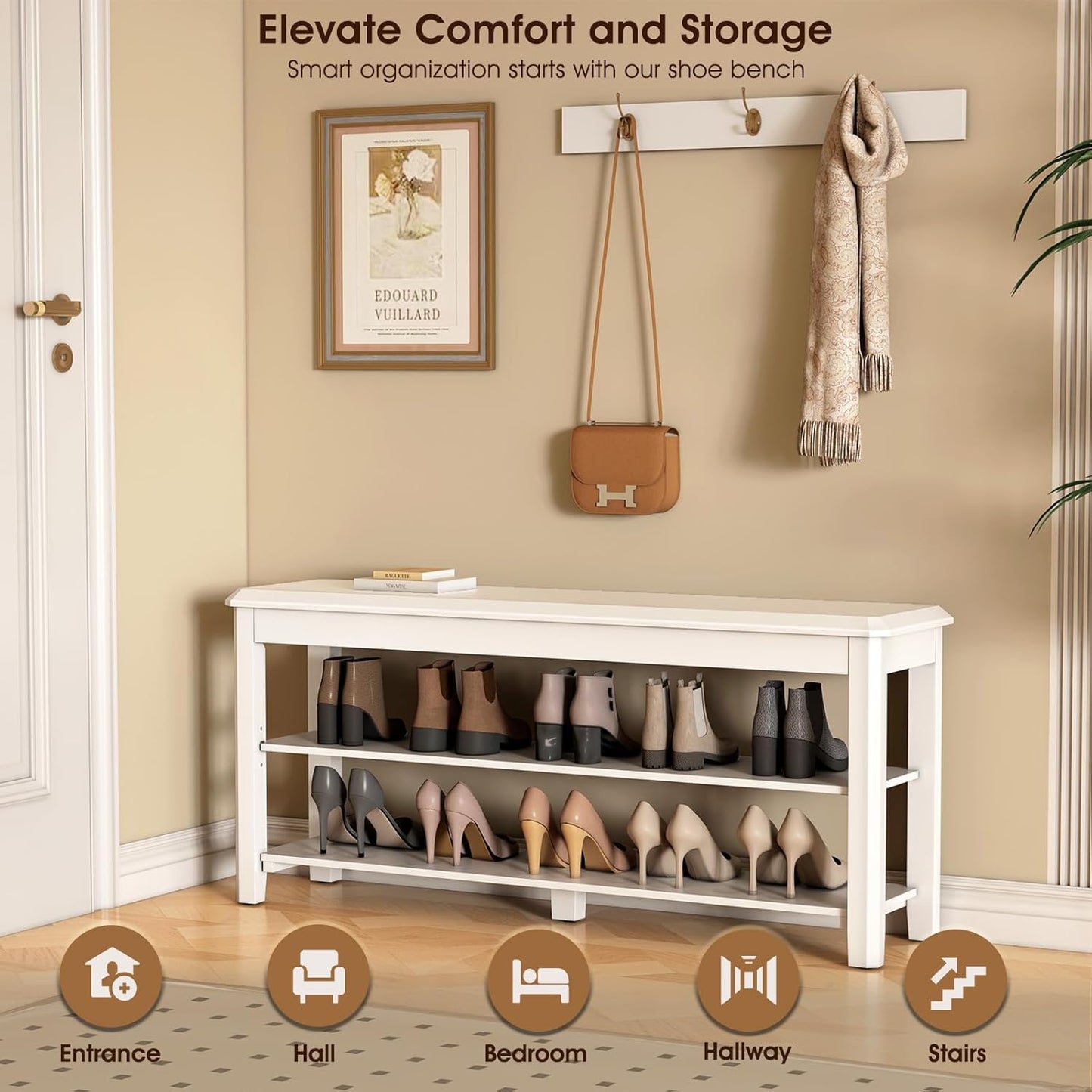 Shoe Rack Bench Seat Rubberwood 2-Tier Wooden Storage Bench 550lbs Compact Mid-Century Modern Design for Entryway, Hallway, Closet, Front Door Entrance, Foyer