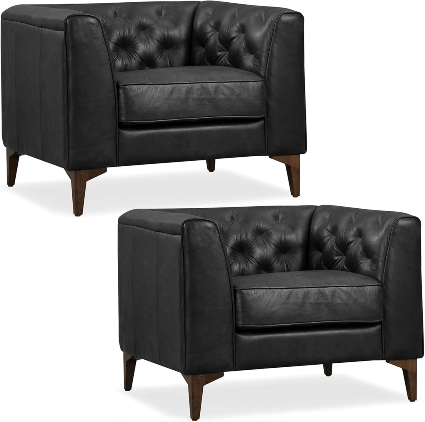 Poly & Bark Essex Lounge Chair - Leather Chair with Tufted Back - Full-Grain Living Room Armchair with Feather-Down Topper - Vintage Italian Leather in Midnight Black - Set of 2