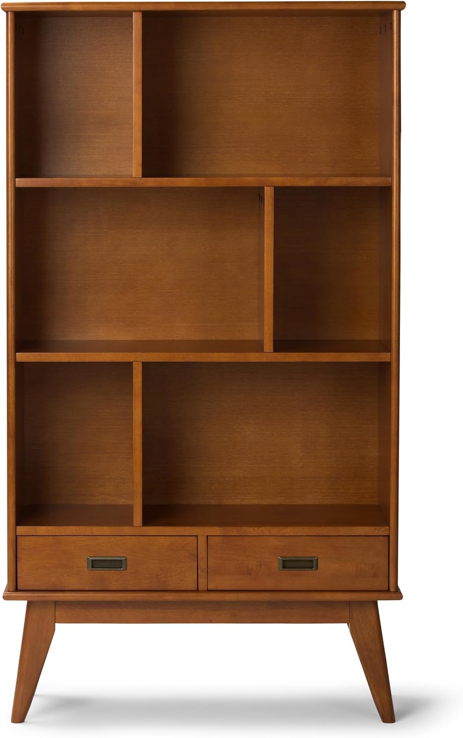 SIMPLIHOME Draper 35 inch Mid-Century Modern 6 Cubbie Bookcase with Drawer (Set of 2) in Teak Brown for The Living Room, Study Room and Office
