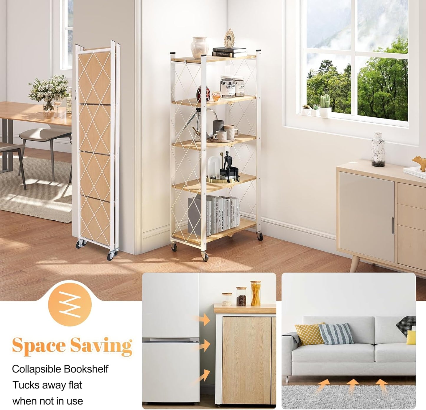 BAOYOUNI 5-Tier Vintage Industrial Bookshelf - No Assembly Folding Storage Shelf with Woodgrain Finish | Collapsible Metal Bookcase for Living Room, Office & Bedroom