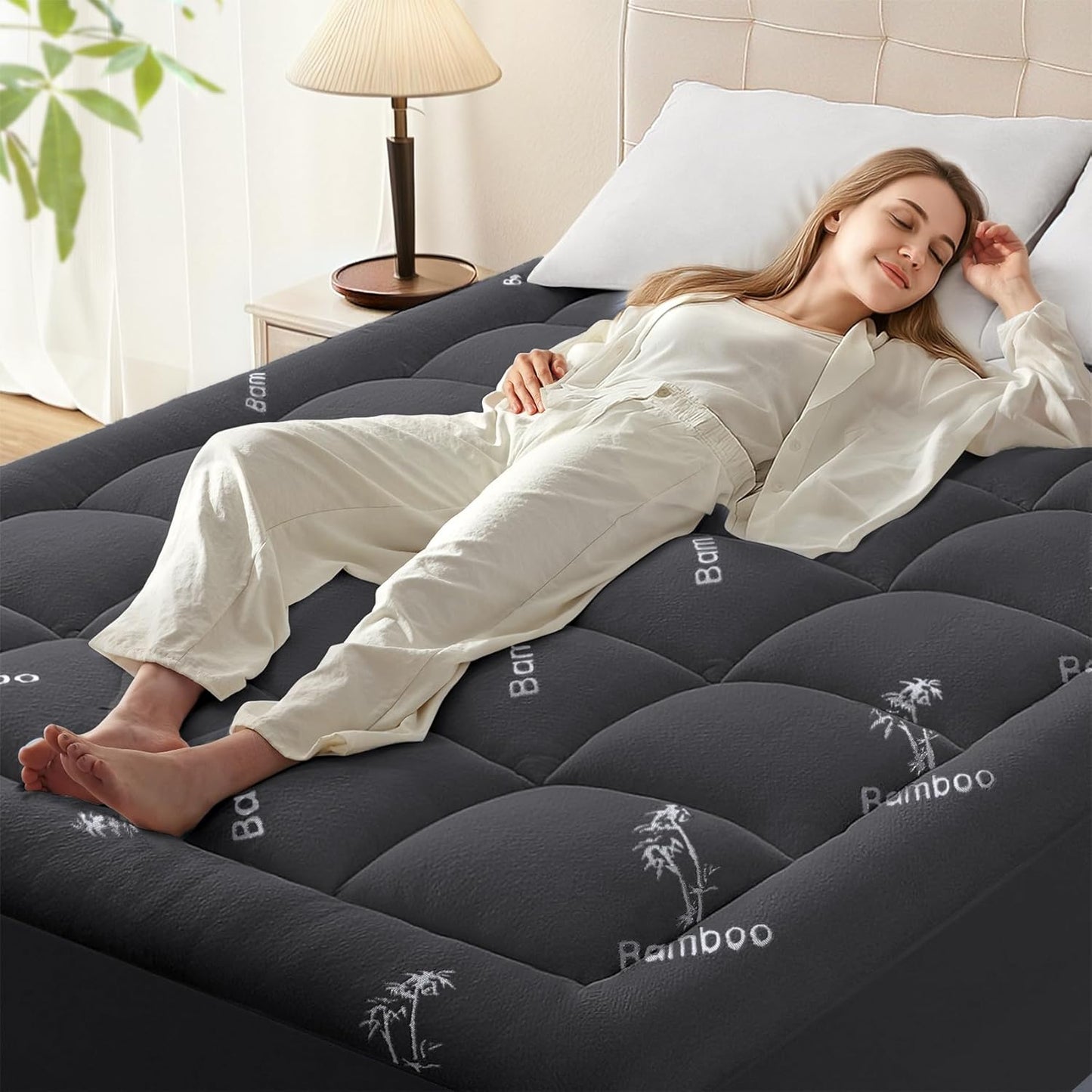 Anluoer Memory Foam Mattress Topper California King, Rayon Derived from Bamboo Pillow Top Mattress Topper for Hot Sleepers,Cooling Mattress Pad with 8-21" Deep Pocket, 72x84 Inches, Dark Grey