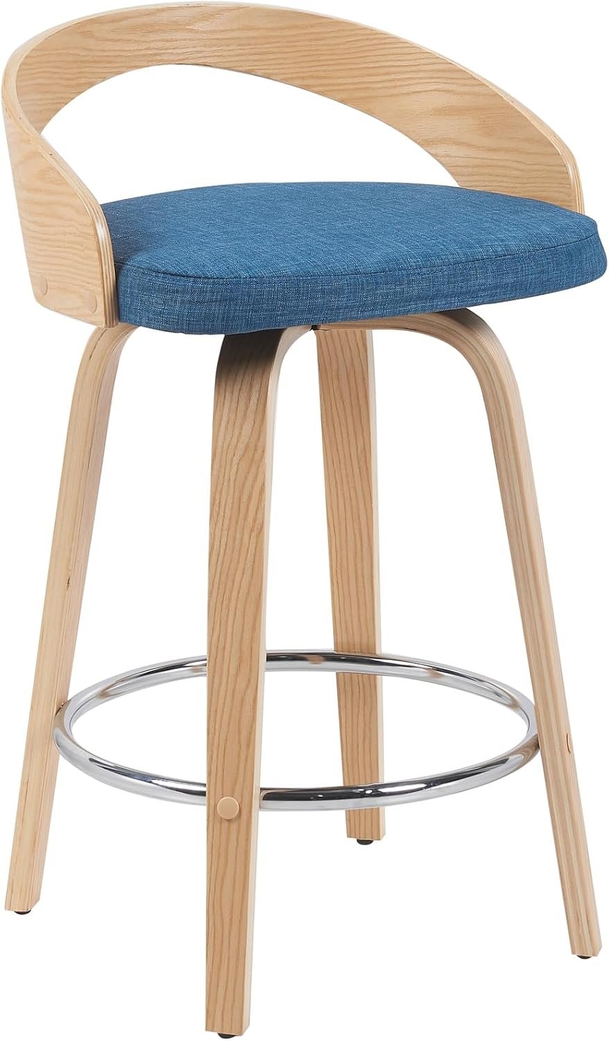 Sonia Modern Swivel Counter Height Bar Stool with Blue Upholstered Seat and Patterned Oak Wood Finish Set of 4
