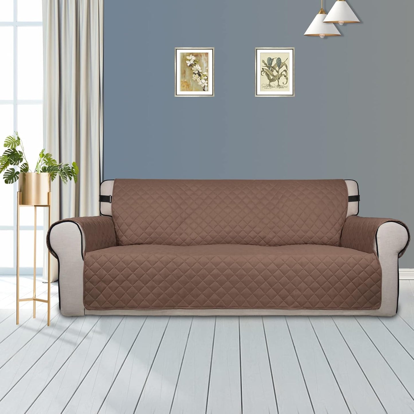 PureFit Reversible Sofa Couch Cover Water Resistant Couch Covers for 3 Cushion, Washable Furniture Cover with Non-Slip Foam and Adjustable Strap for Dogs, Pets (Oversized Sofa, Brown/Beige)