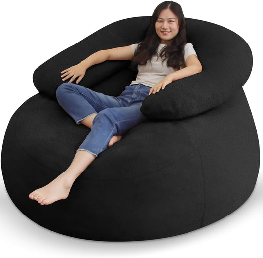 HABUTWAY Bean Bag Chair with U-Shaped Pillow for Adult and Kids Big BeanBag Chair with Filling Ultra Soft Faux Fur Couch Chair with Washable Cover for Living Room Bedroom Office, Black & Black