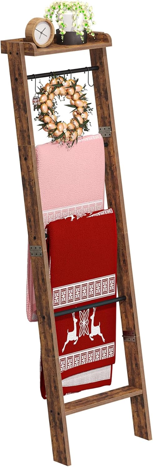 Blanket Ladder Shelf for Living Room, Decorative Quilt Rack with Storage Shelf, 6-Tier Farmhouse Ladder Holder Organizer with 4 Removable Hooks for Bedroom, Rustic Brown and Black BR35801B