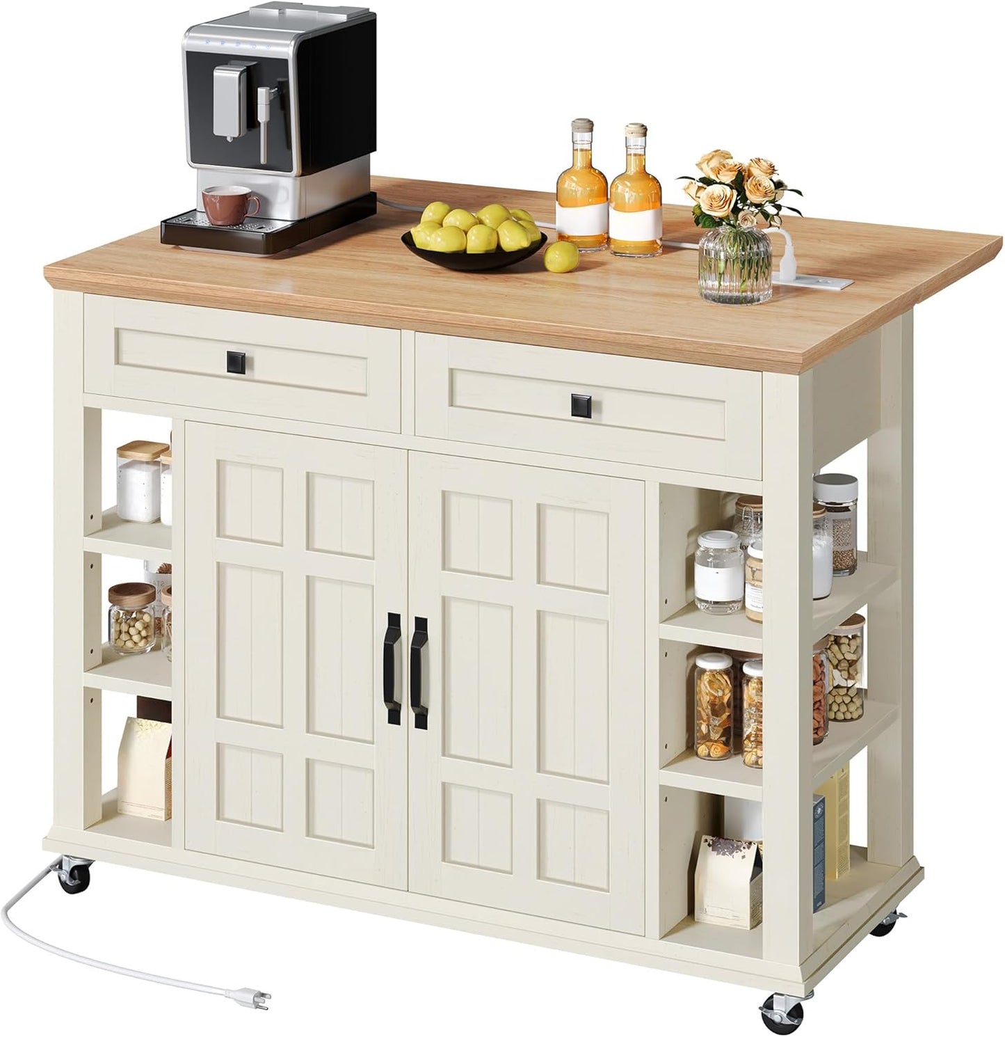 DWVO Rolling Kitchen Island with Drop Leaf, Mobile Storage Islands with Power Outlet Foldable Tabletop, 2 Drawers and Open Shelves, for Living Room, Dining Room, Off White