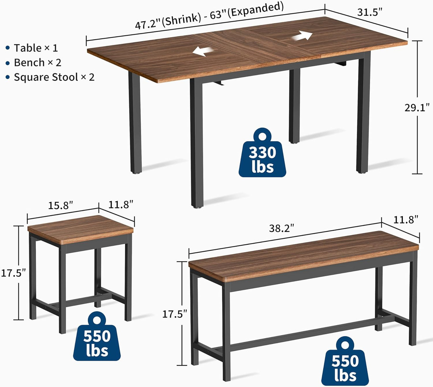 IDEALHOUSE 5-Piece Extendable Dining Table Set for 4-8 People, 63 Inch Kitchen Table with 2 Benches & 2 Stools, Space Saving Modern Dining Room Furniture, Easy Assembly, Brown