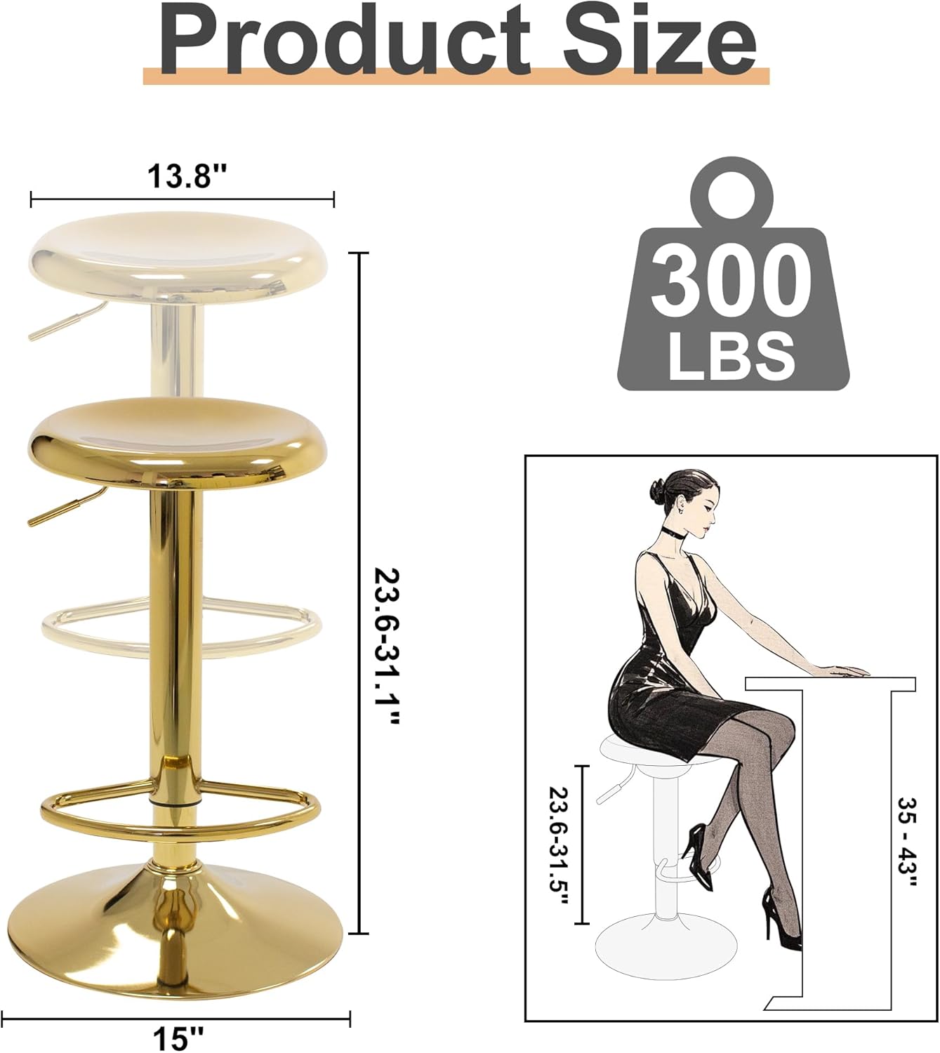 CAROLMADE Bar Stools Set of 2, Adjustable Metal Bar stools Swivel Counter Height Stool, Backless Barstools for Kitchen Island Pub, Gold