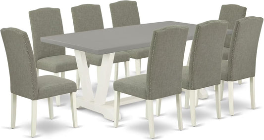 East West Furniture V097EN206-9 9 Piece Dining Room Set Includes a Rectangle Kitchen Table with V-Legs and 8 Dark Shitake Linen Fabric Upholstered Parson Chairs, 40x72 Inch, Multi-Color