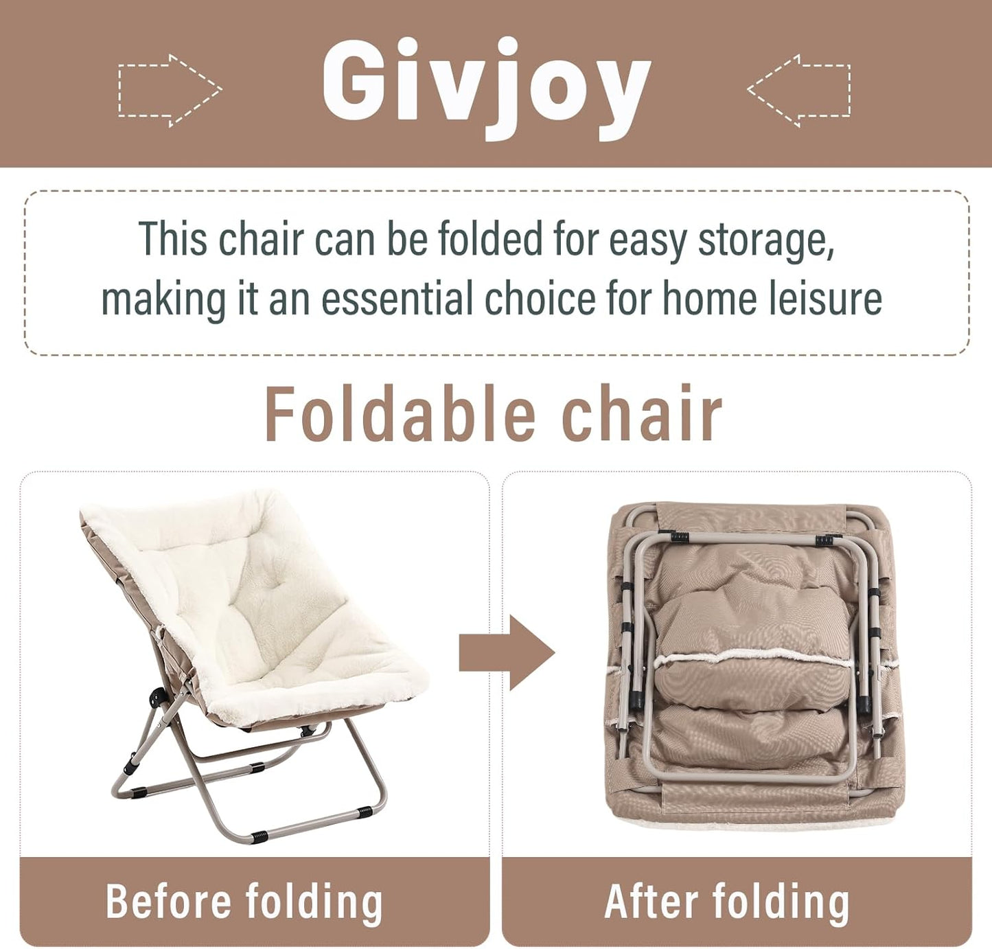 Living Room Chair, Soft Faux Fur Folded Chair Oversized Folding Accent Chair, Furry Lounge Lazy Chair, Metal Frame Moon Chair for Bedroom, Living Room